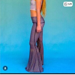 Teeki Gray and White Striped Bell Bottom Yoga Pants